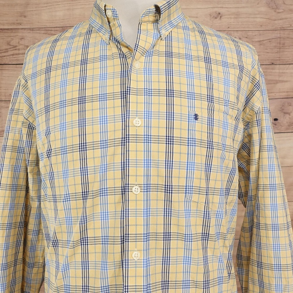 Izod Premium Essentials Shirt Mens 2XL Yellow Plaid Long Sleeve Button-Up Cotton